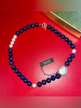 lapis Asmara beaded necklace with pearls And silver clasp, 20 Inches